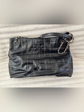 Tory Burch Marion Black Patent Quilted Leather Shoulder Bag with GoldChain Strap